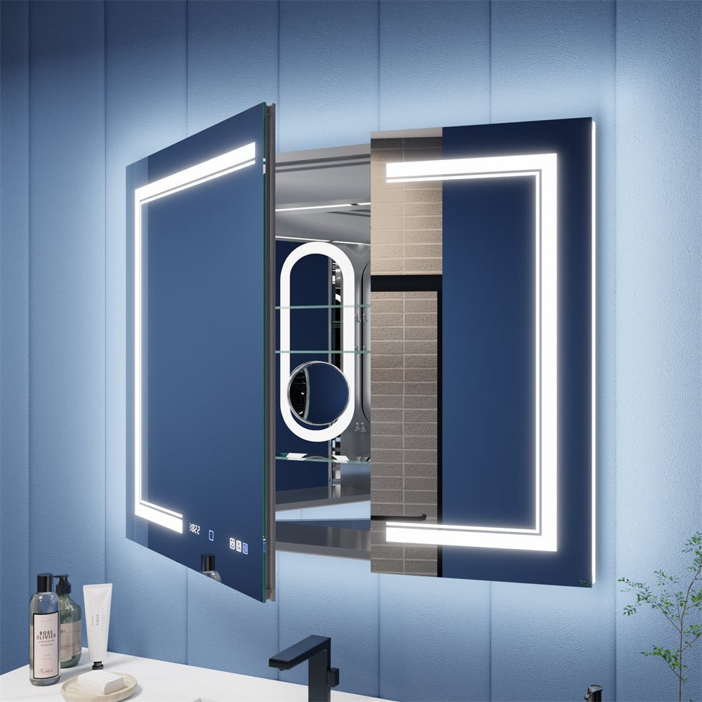 Illusion-B 40 x 32 inch LED medicine cabinet with open mirrored doors and adjustable interior storage