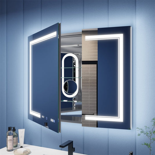 Illusion-B 40 x 32 inch LED medicine cabinet with open mirrored doors and adjustable interior storage