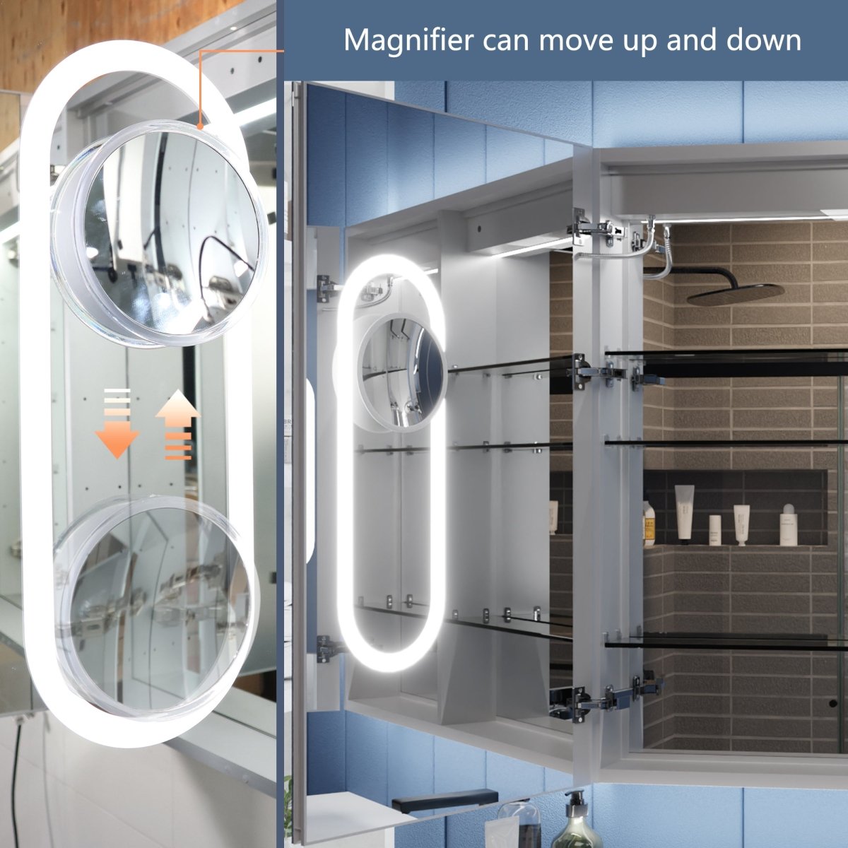 Illusion-B 40 x 32 inch LED medicine cabinet with front and back lighting above a bathroom vanity