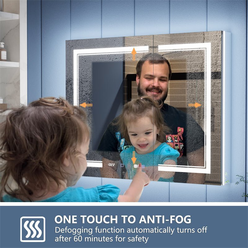 Illusion-B 40 x 32 inch LED medicine cabinet mirror with one-touch defogger and automatic shutoff