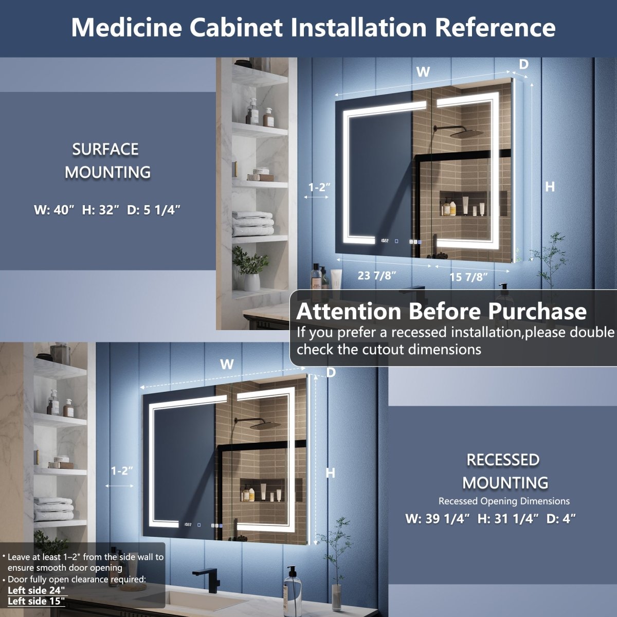 Illusion-B 40 x 32 inch medicine cabinet surface-mount and recessed installation dimensions