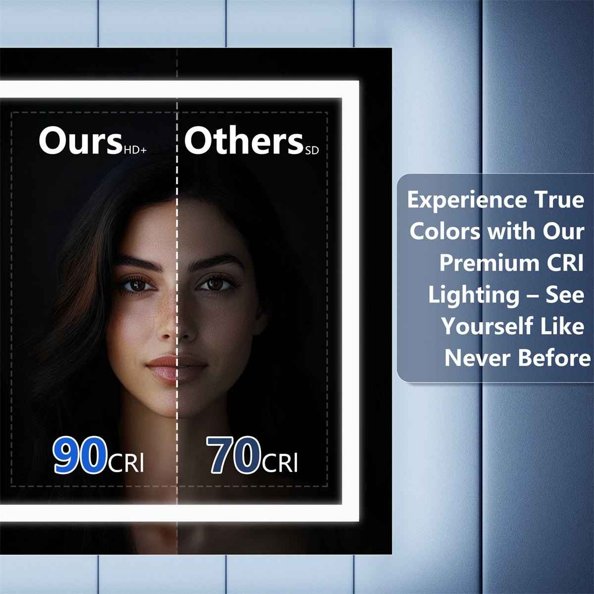 CRI 90 versus CRI 70 lighting quality comparison for an Illusion-B LED medicine cabinet