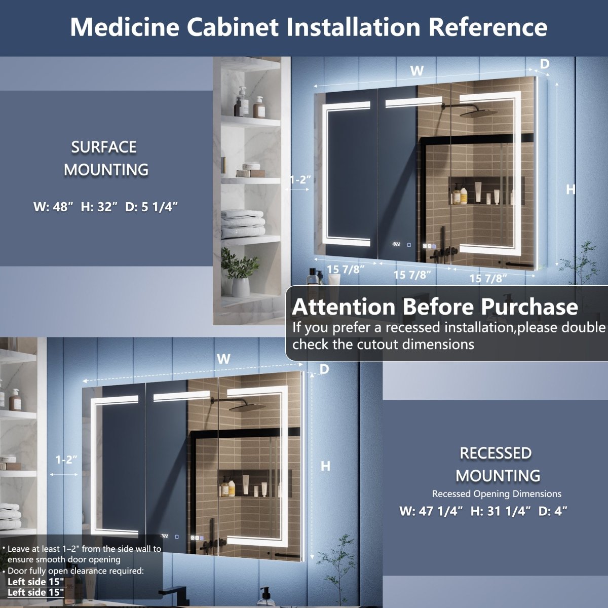 Illusion-B 48 x 32 inch medicine cabinet surface-mount and recessed installation dimensions