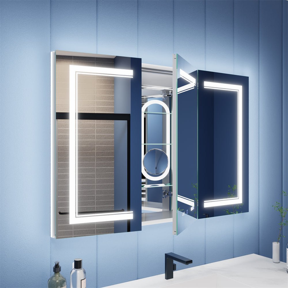 Illusion-B 48 x 32 inch LED medicine cabinet with open mirrored doors and adjustable interior storage