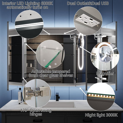 Illusion-B 48 x 32 inch LED medicine cabinet interior with USB outlets, magnifier, shelves and night light