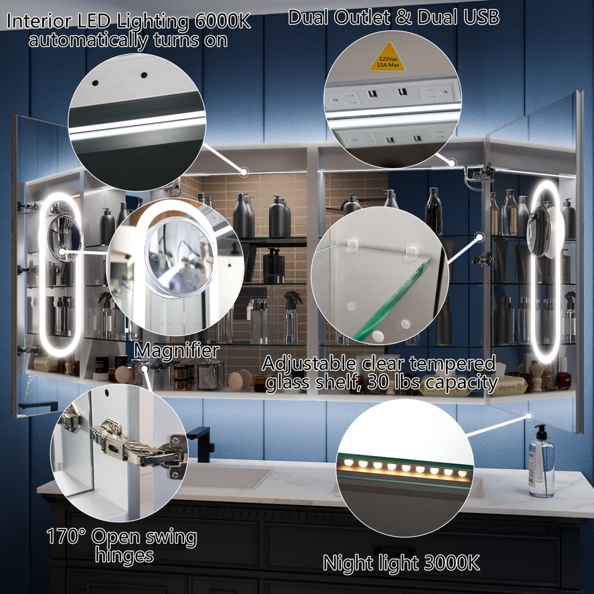 Illusion-B 48" x 36" LED Mirror Medicine Cabinet with Magnifiers and Front/Back Lighting