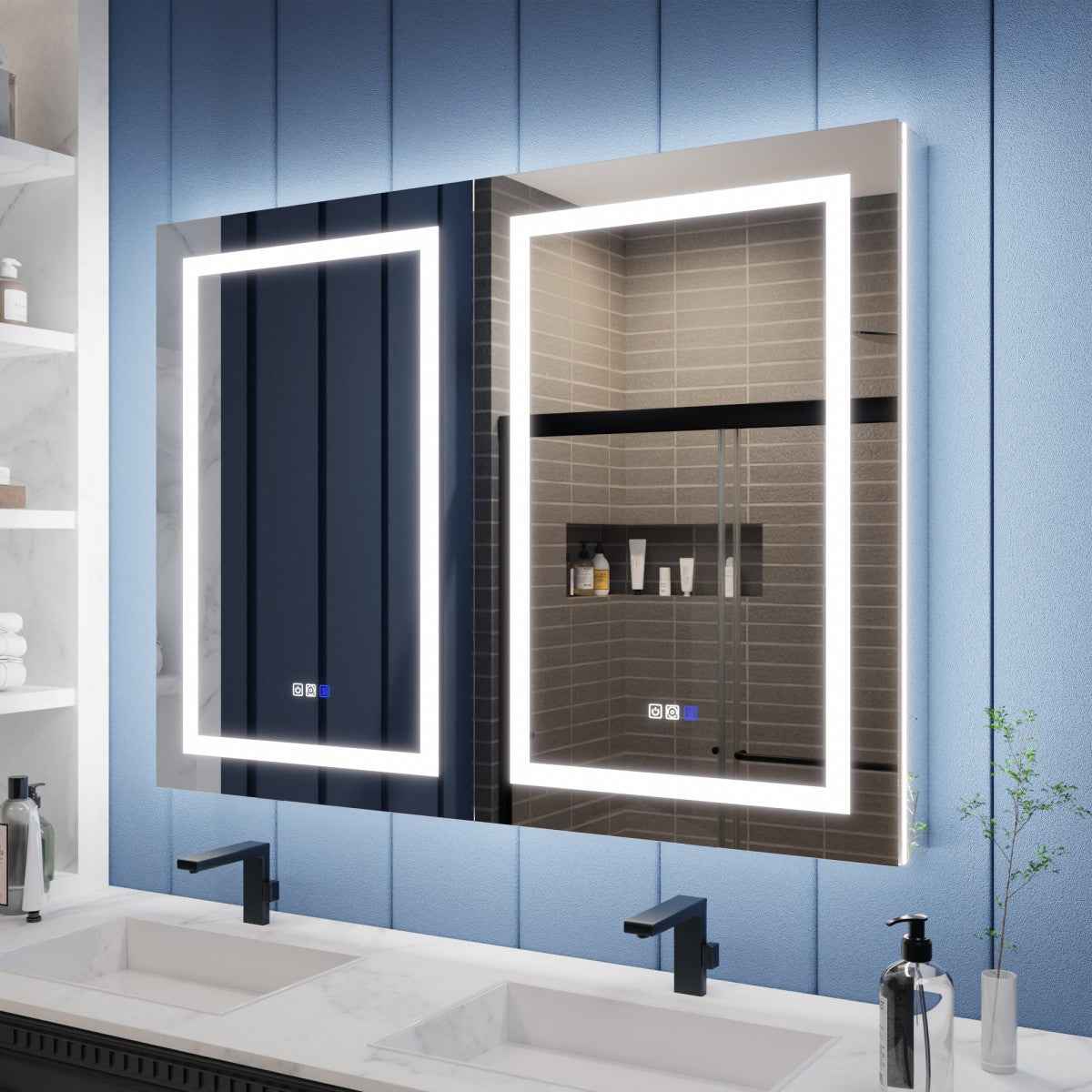Illusion-B 48 x 36 inch LED medicine cabinet with front and back lighting above a bathroom vanity