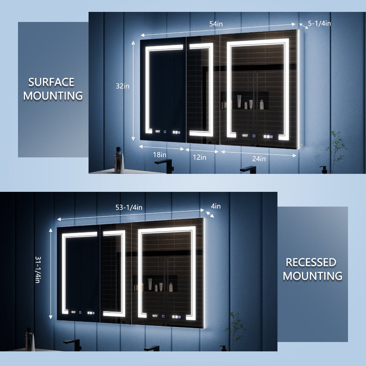 Illusion-B 54" x 32" LED Lighted Inset Mirrored Medicine Cabinet with Magnifiers Front and Back Light - ExBriteUSA