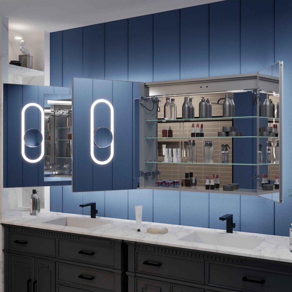 Illusion-B 60 x 32 inch LED medicine cabinet with open mirrored doors and adjustable interior storage