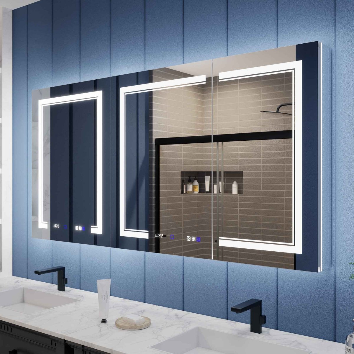 Illusion-B 64 x 32 inch LED medicine cabinet with front and back lighting above a bathroom vanity