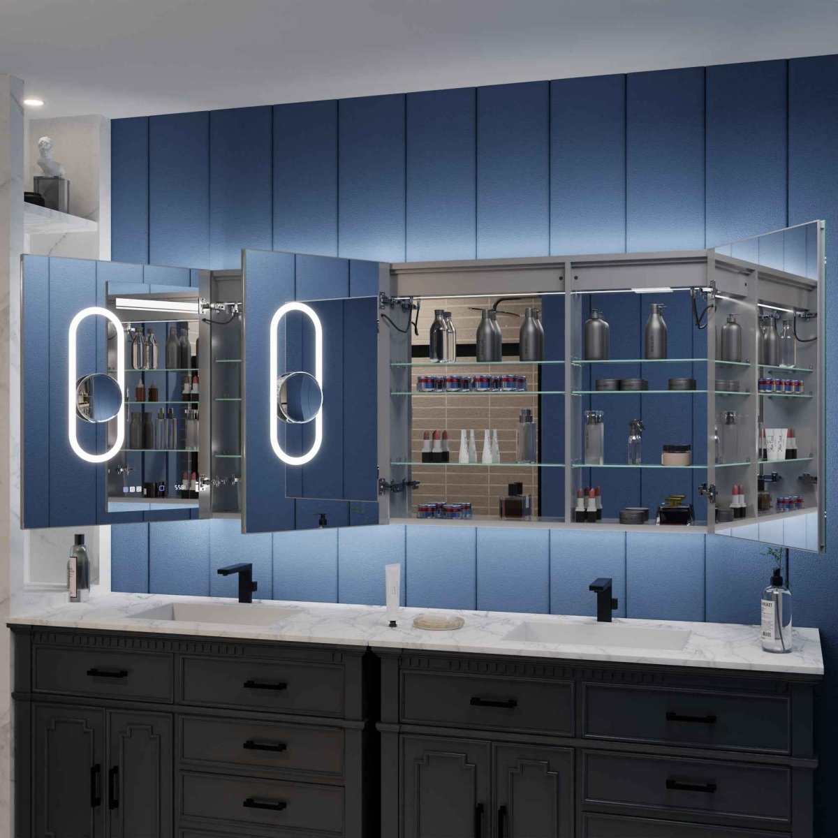 Illusion-B 64 x 32 inch LED medicine cabinet with open mirrored doors and adjustable interior storage