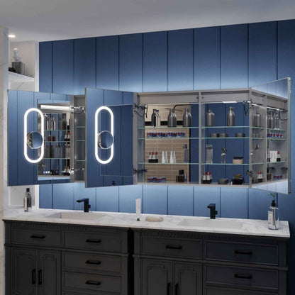 Illusion-B 64 x 32 inch LED medicine cabinet with open mirrored doors and adjustable interior storage