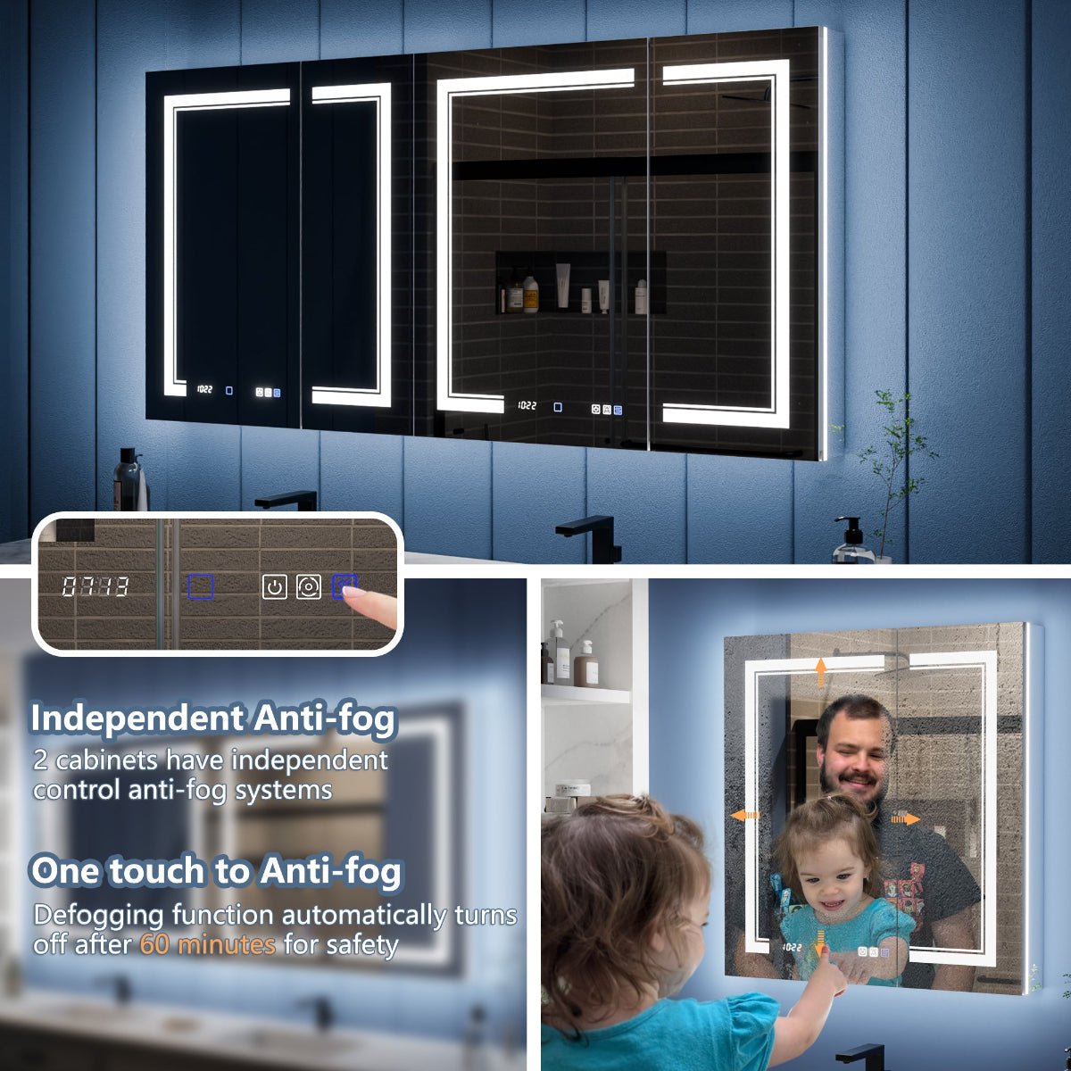 Illusion-B 66 x 32 inch LED medicine cabinet mirror with one-touch defogger and automatic shutoff