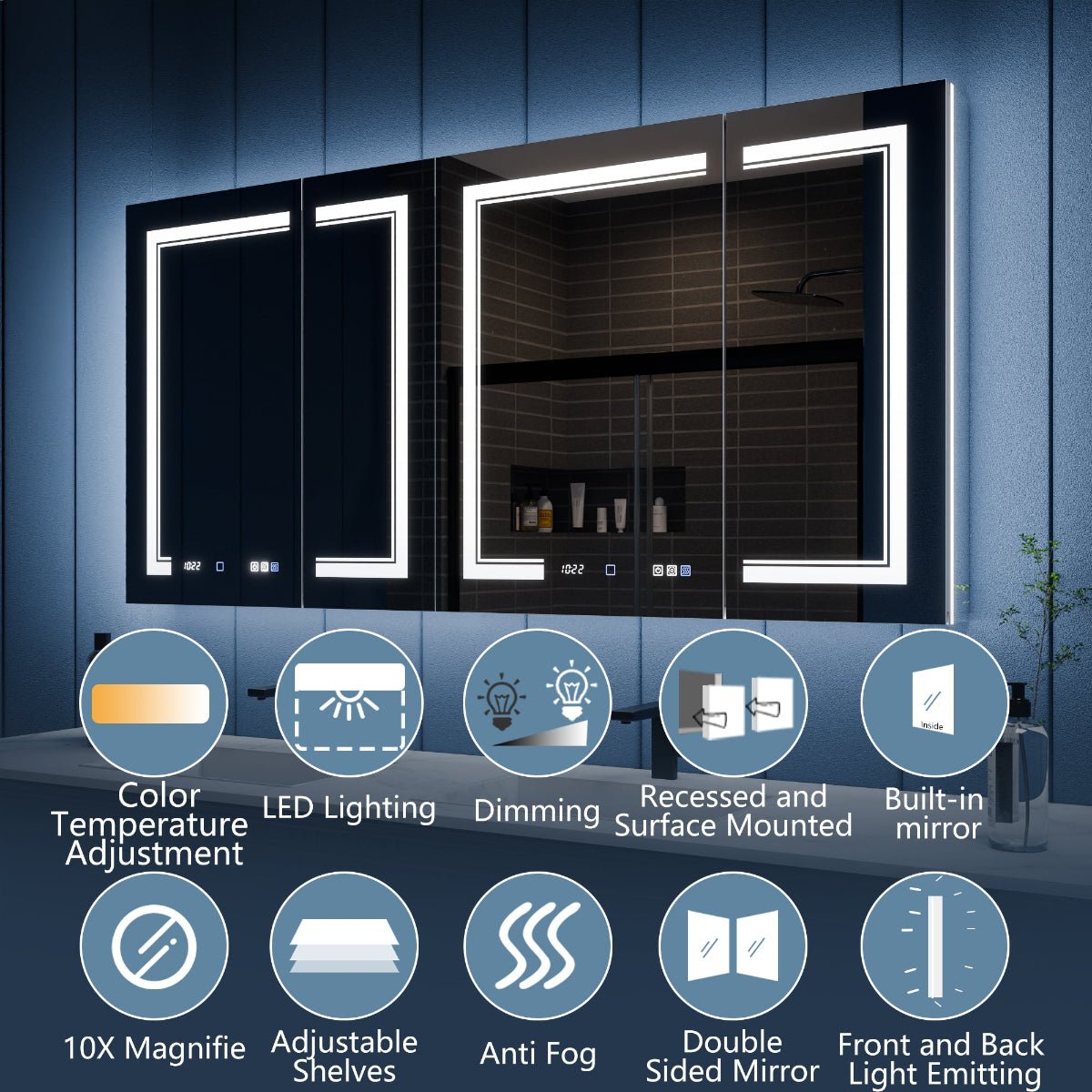 Illusion-B 66 x 32 inch LED medicine cabinet with defogger, dimming, magnifier and mirrored interior