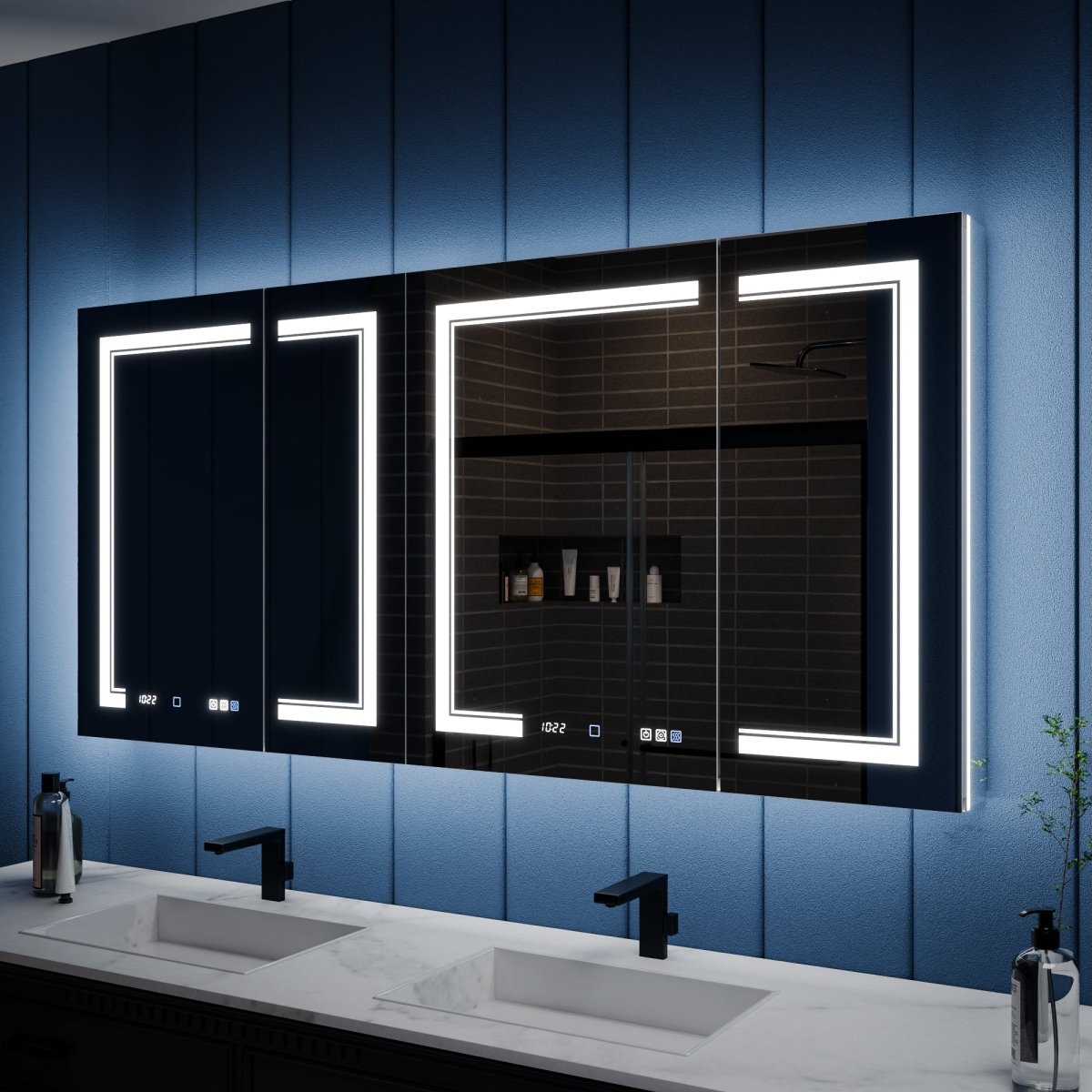Illusion-B 66 x 32 inch LED medicine cabinet with front and back lighting above a bathroom vanity