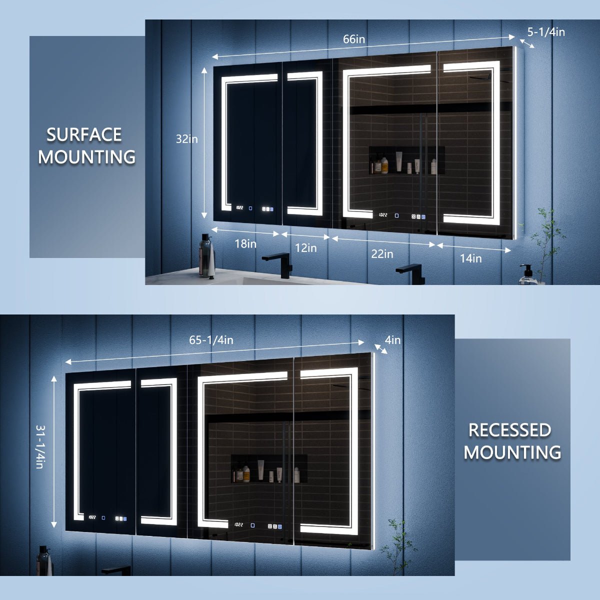 Illusion-B 66 x 32 inch medicine cabinet surface-mount and recessed installation dimensions