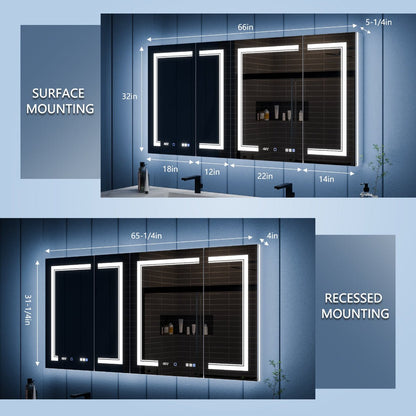 Illusion-B 66 x 32 inch medicine cabinet surface-mount and recessed installation dimensions