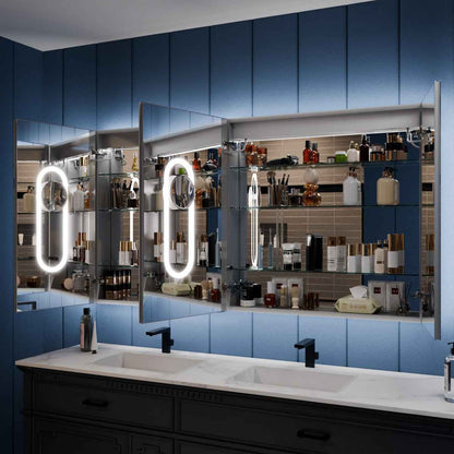 Illusion-B 66 x 36 inch LED medicine cabinet with open mirrored doors and adjustable interior storage