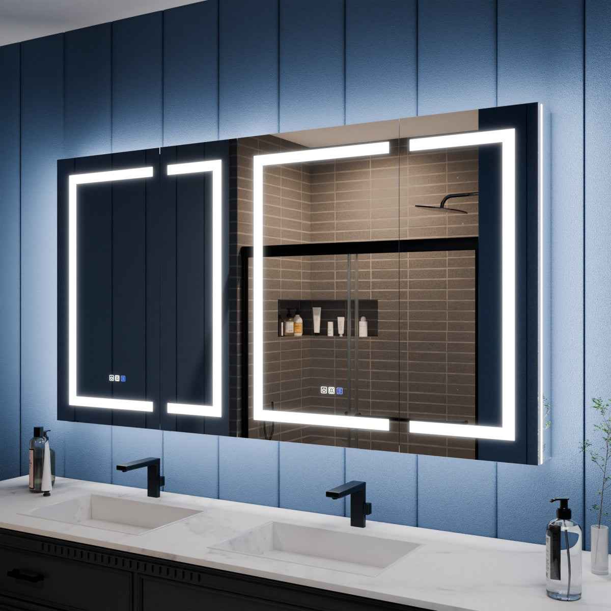 Illusion-B 66 x 36 inch LED medicine cabinet with front and back lighting above a bathroom vanity