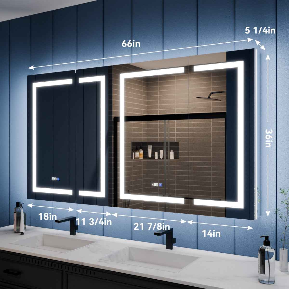 Illusion-B 66 x 36 inch LED medicine cabinet dimensions and cabinet width layout