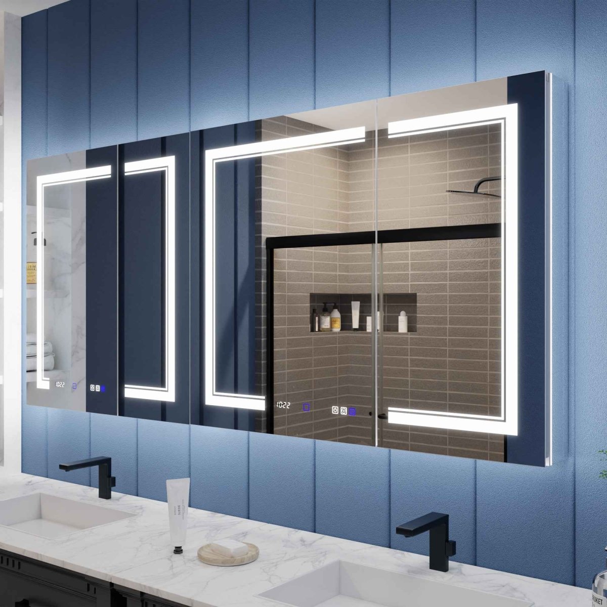 Illusion-B 70 x 32 inch LED medicine cabinet with front and back lighting above a bathroom vanity