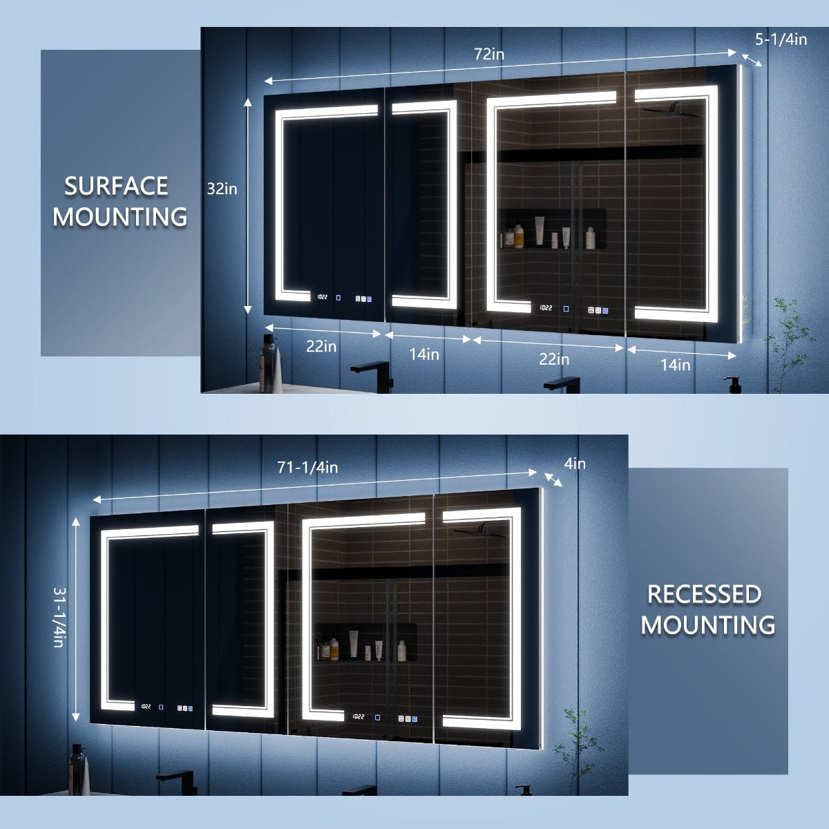 Illusion-B 72" x 32" LED Lighted Inset Mirrored Medicine Cabinet with Magnifiers Front and Back Light - ExBriteUSA
