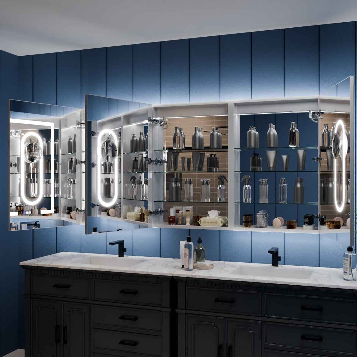 Illusion-B 72 x 36 inch LED medicine cabinet with open mirrored doors and adjustable interior storage