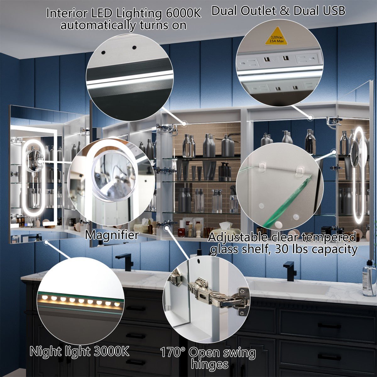 Illusion-B 72" x 36" LED Medicine Cabinets with Magnifiers and Front/Back Lighting