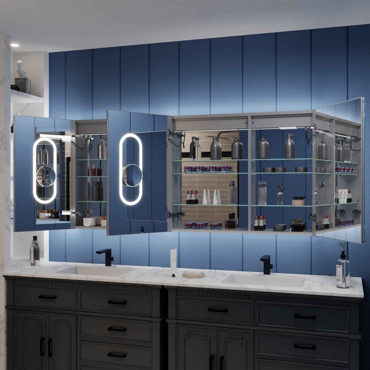 Illusion-B 76 x 32 inch LED medicine cabinet with open mirrored doors and adjustable interior storage