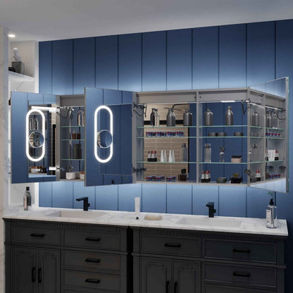 Illusion-B 76 x 32 inch LED medicine cabinet with open mirrored doors and adjustable interior storage