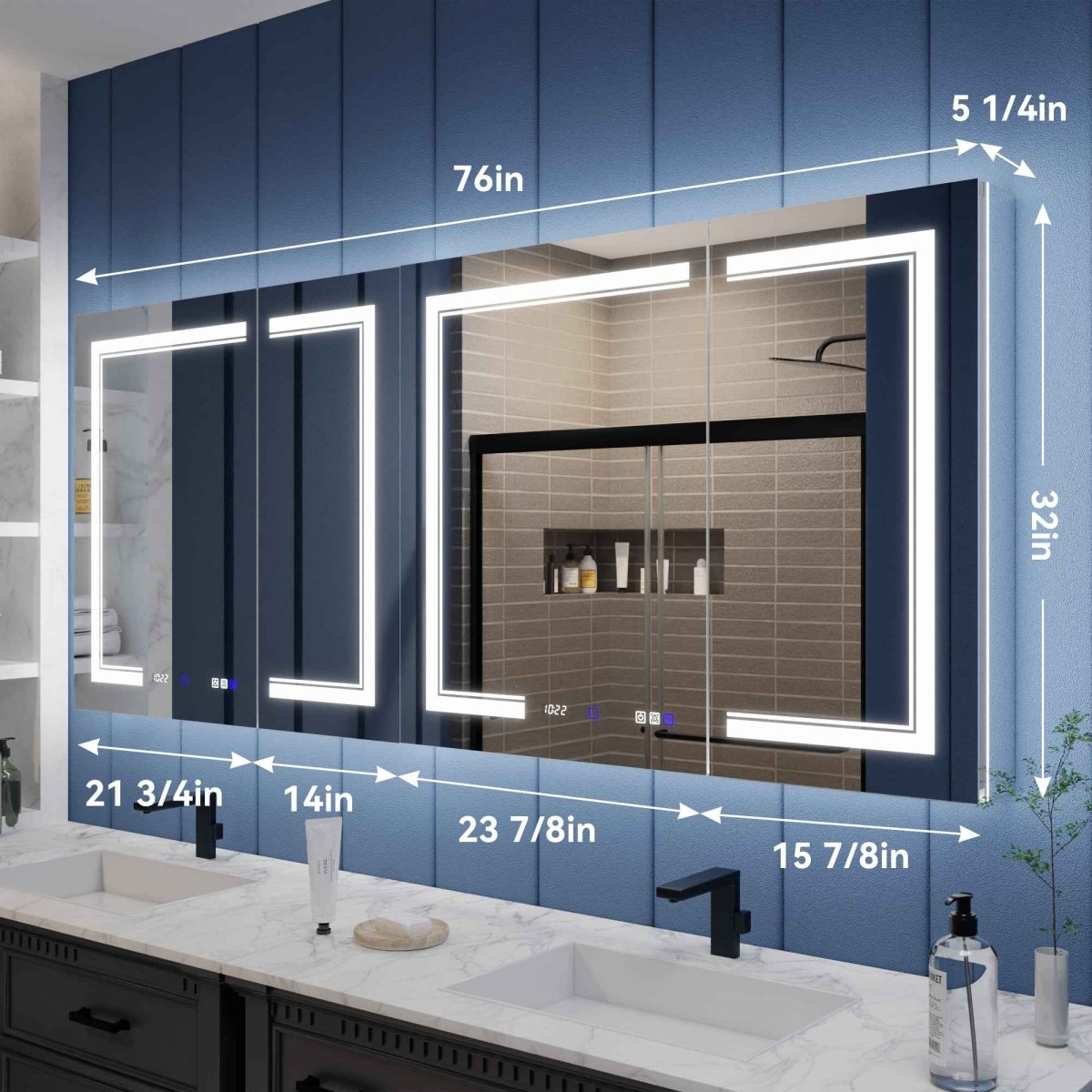 Illusion-B 76 x 32 inch LED medicine cabinet dimensions and cabinet width layout