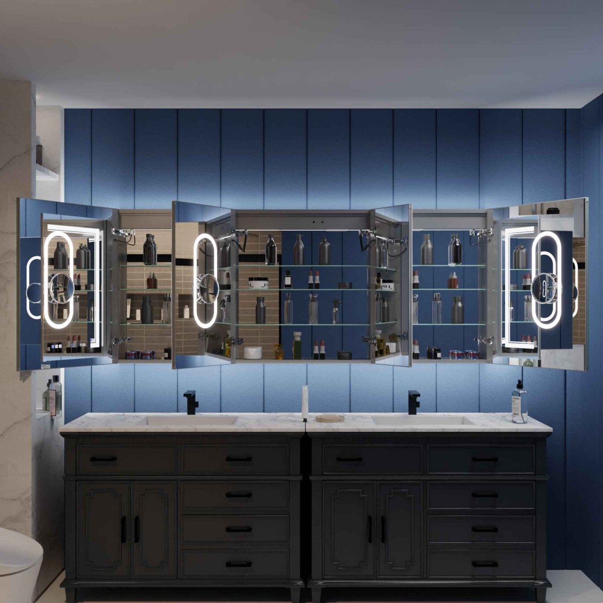 Illusion-B 78" x 32" LED Medicine Cabinet with Defogger, Magnifiers, Front and Back Light