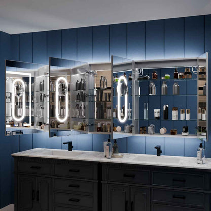 Illusion-B 78 x 36 inch LED medicine cabinet with open mirrored doors and adjustable interior storage
