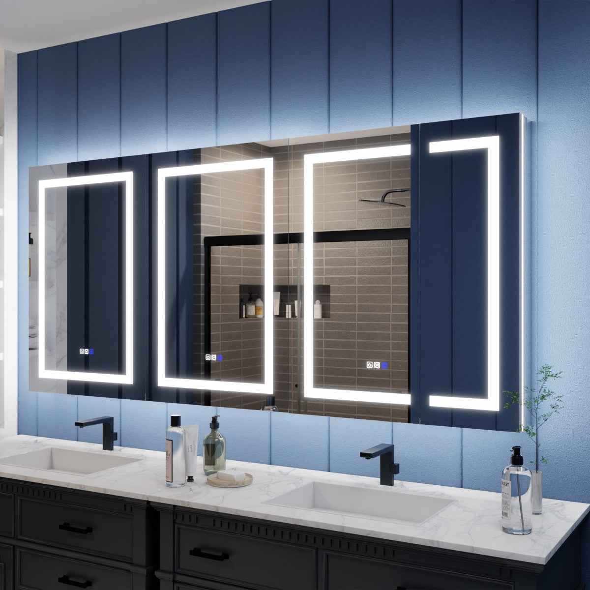 Illusion-B 78 x 36 inch LED medicine cabinet with front and back lighting above a bathroom vanity