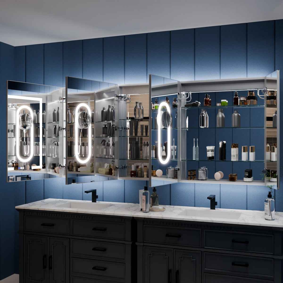 Illusion-B 84 x 36 inch LED medicine cabinet with open mirrored doors and adjustable interior storage