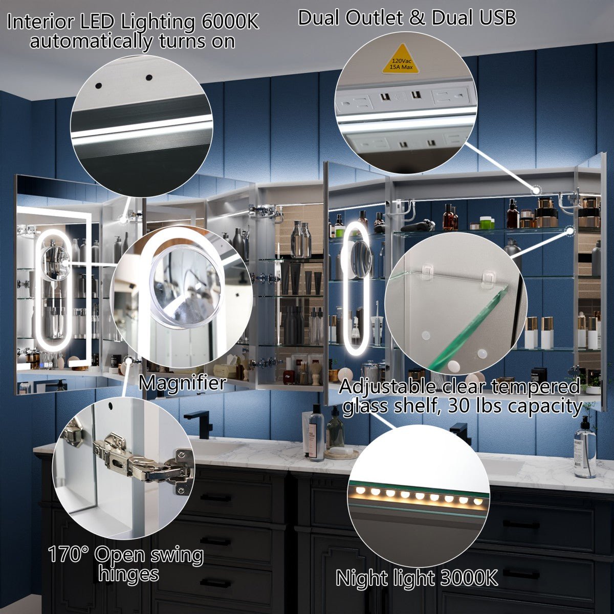 Illusion-B 84" x 36" Medicine Cabinet with LED Lights and Magnifiers - Front and Back Light Feature