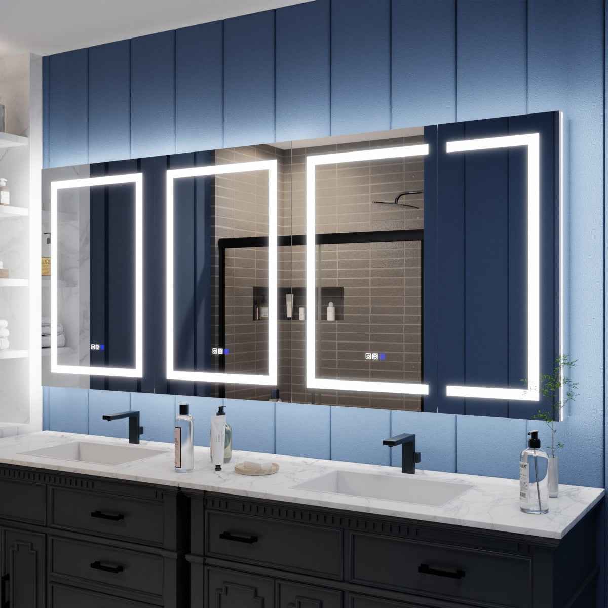 Illusion-B 84 x 36 inch LED medicine cabinet with front and back lighting above a bathroom vanity