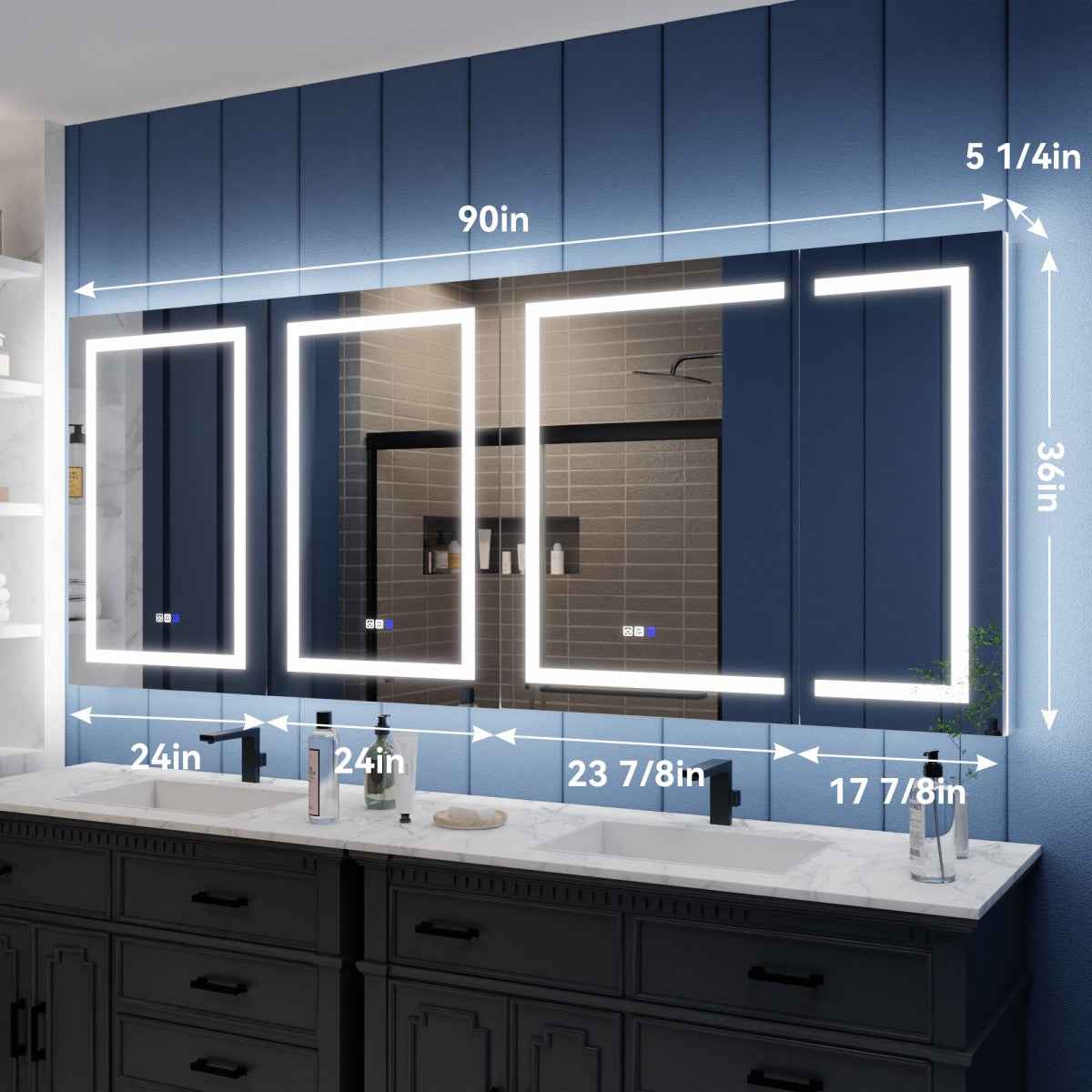 Illusion-B 90 x 36 inch LED medicine cabinet dimensions and cabinet width layout