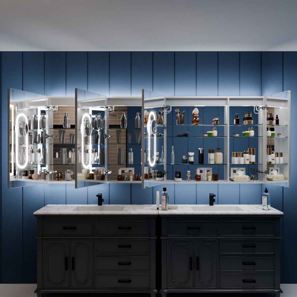 Illusion-B 90 x 36 inch LED medicine cabinet with open mirrored doors and adjustable interior storage