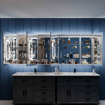 Illusion-B 90 x 36 inch LED medicine cabinet with open mirrored doors and adjustable interior storage