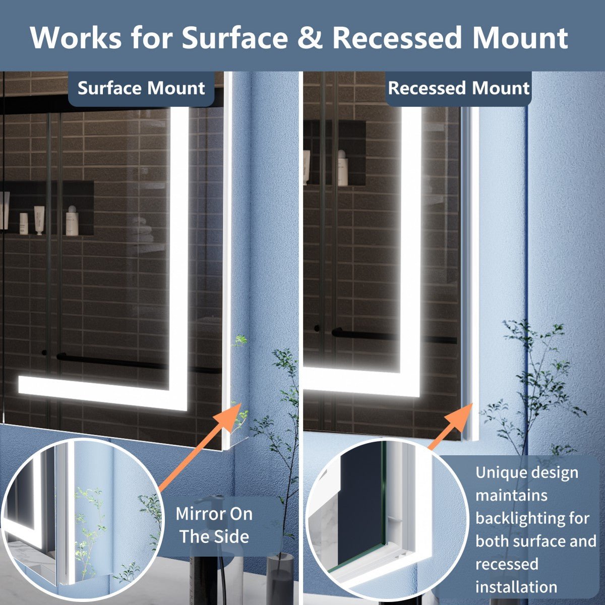 Illusion-B 84" x 36" LED Lighted Inset Mirrored Medicine Cabinet with Magnifiers Front and Back Light