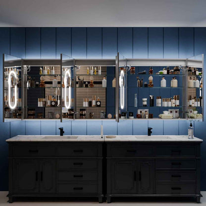 Illusion-B 96 x 36 inch LED medicine cabinet with open mirrored doors and adjustable interior storage