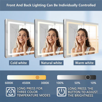 Three views of a woman using a lighted mirror with control options for front and back lighting.