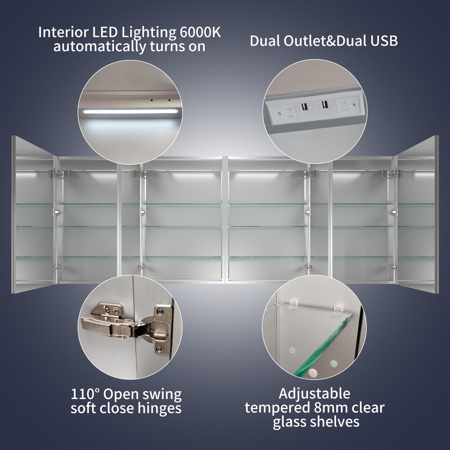 Rim 96" W x 36" H LED Lighted Medicine Cabinet Recessed or Surface with Mirrors,2 Left and 2 Right Hinge