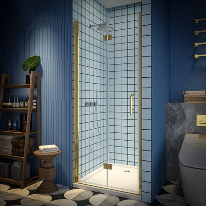 Exbrite Adapt Bifold Shower Door 32-34 in.W x 72 in.H Pivot Swing Shower Doors,Brushed Gold,Tempered Shower Glass - ExBriteUSA