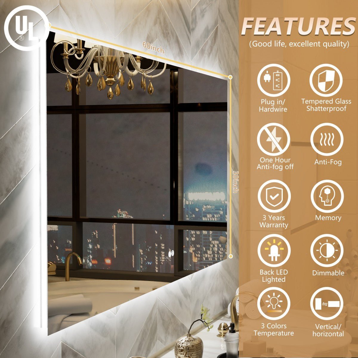 Navi LED Bathroom Mirror 60" x 30" with Backlit,Mirror with Lights Wall Mounted Anti Fog,Led Mirror for Bathroom,HD Tempered Glass,Shatter - Proof