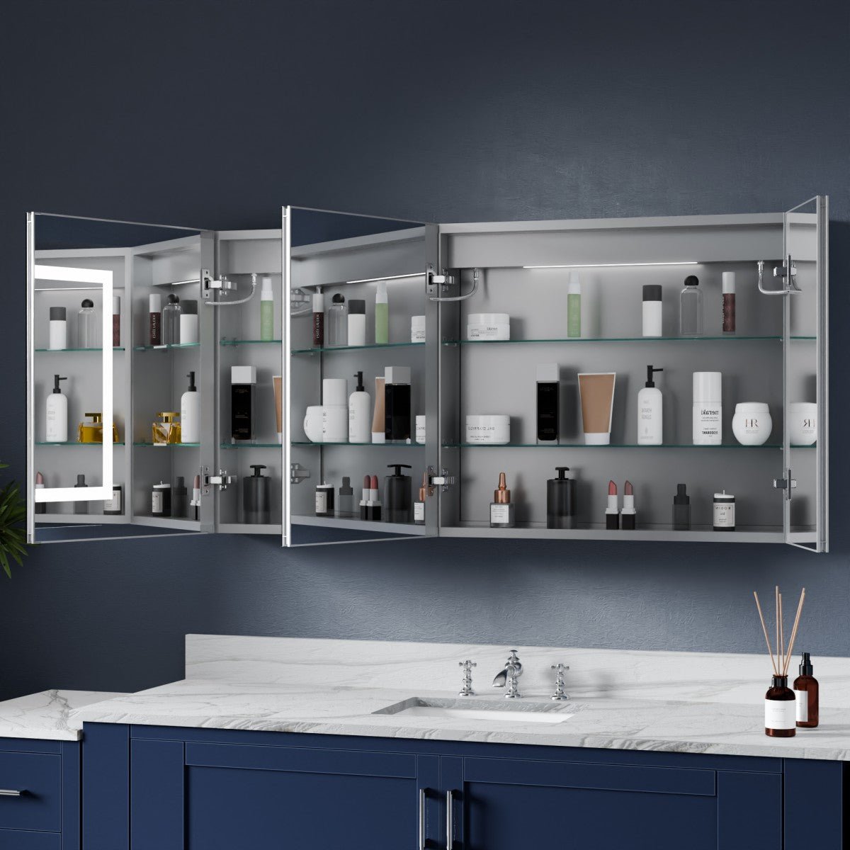 Boost 50 x 26 inch medicine cabinet with open mirrored doors and adjustable interior storage