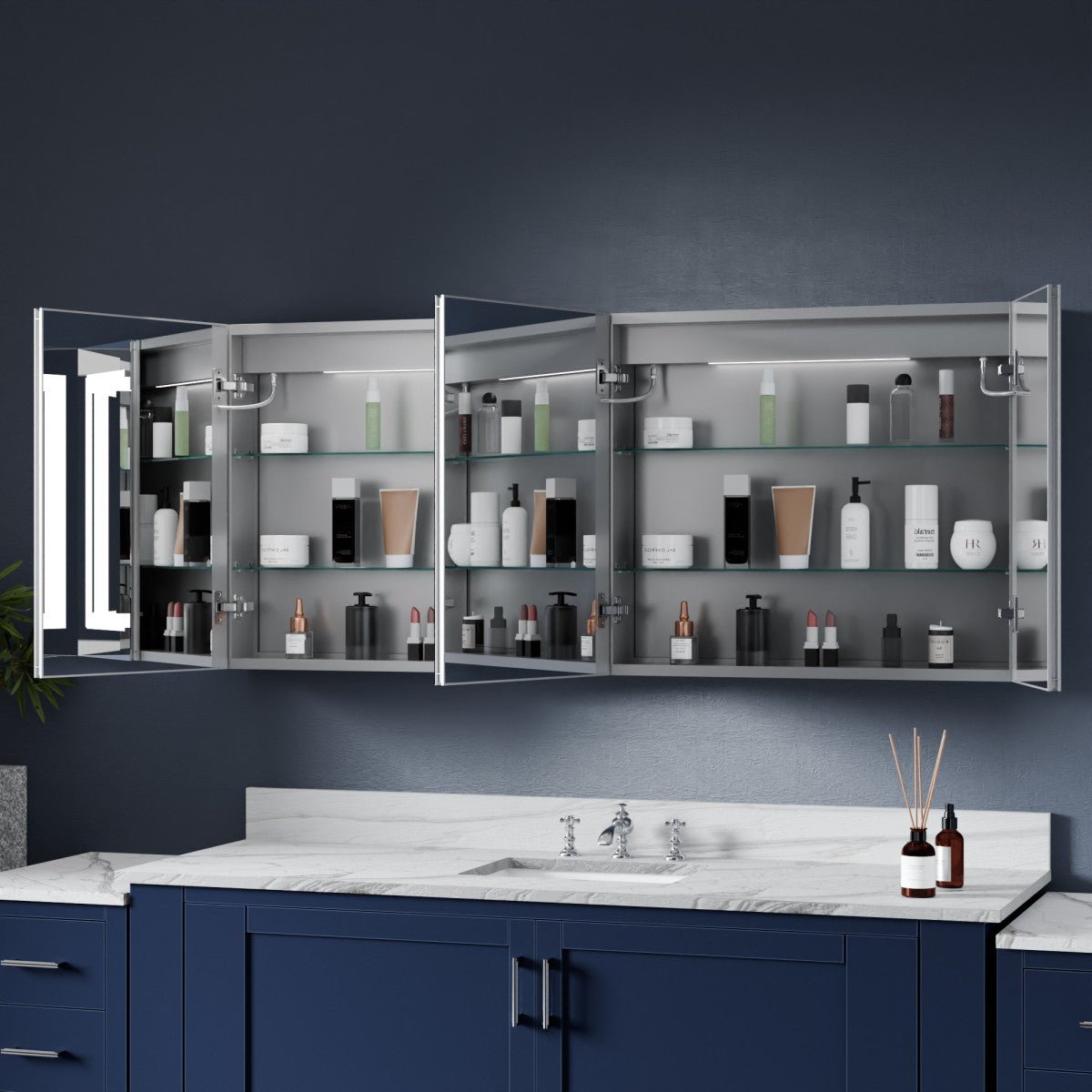 Boost 60 x 26 inch medicine cabinet with open mirrored doors and adjustable interior storage