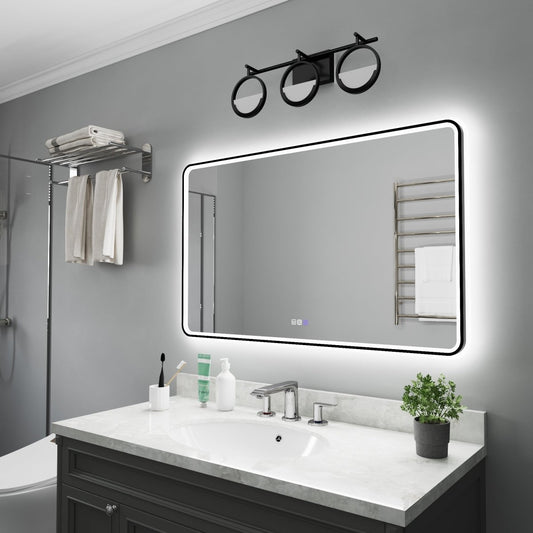 Lumina 55" W x 36" H LED Lighted Bathroom Mirror,High Illuminate, Inner & Outer Lighting,Anti-Fog, Dimmable,Black Frame with Rounded Corners