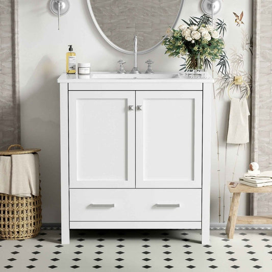 Exbrite 30-Inch White Bathroom Vanity with Ceramic Sink and Soft-Close Storage